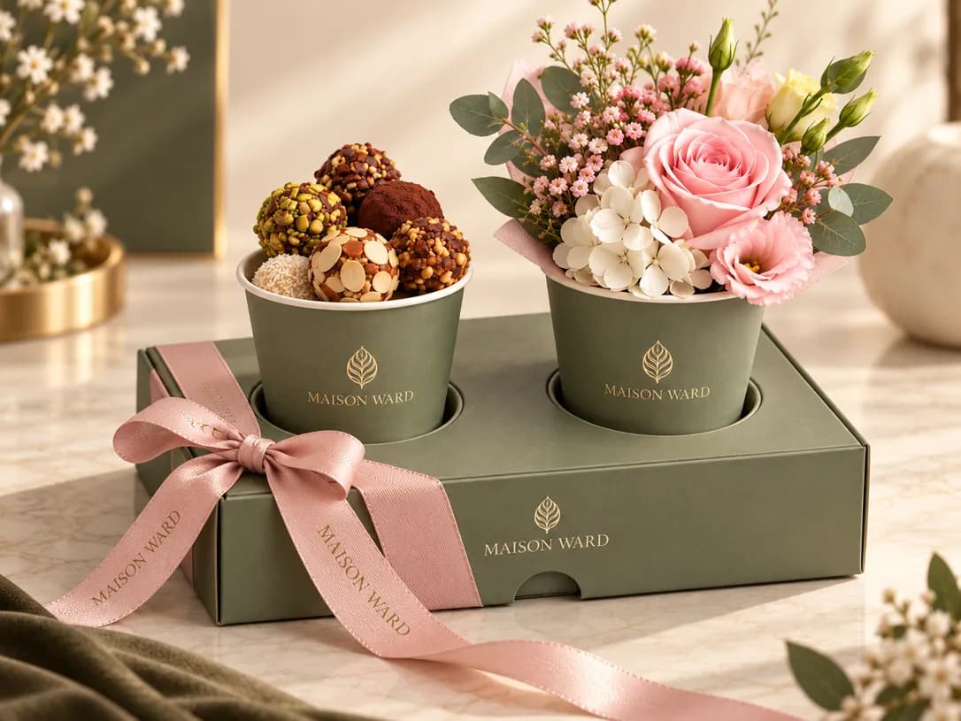 A Maison Ward corporate gift box presented with flowers and handcrafted sweets